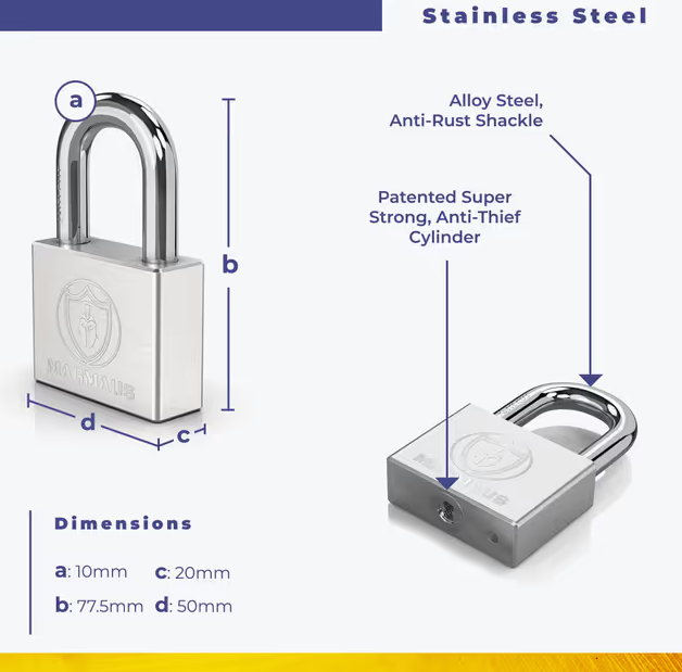 Magmaus® PDL50 Heavy Duty Outdoor Padlock Stainless Steel High Security – Black