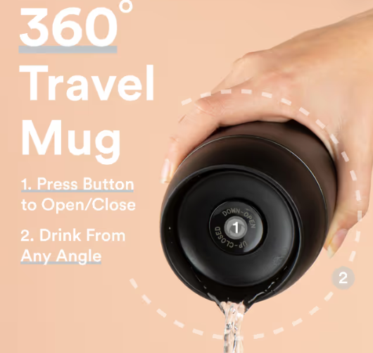 360° Travel Mug Leakproof Reusable Coffee Cup Insulated Stainless Steel – Black 300ml