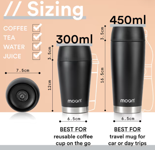360° Travel Mug Leakproof Reusable Coffee Cup Insulated Stainless Steel – Black 300ml