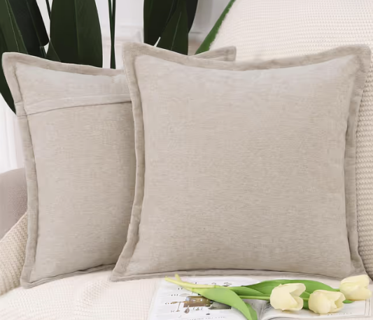 Set of 2 Fringe Chenille Cushion Covers Soft Boho Decorative Pillowcases – Light Taupe 24x24 inch