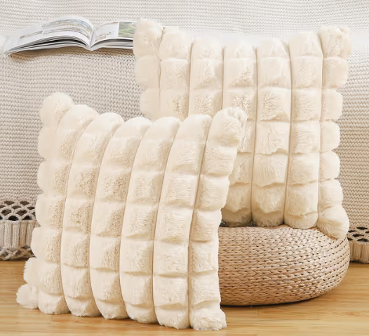 Faux Wool Cushion Covers Pack of 2 Decorative Throw Pillows – Beige 65x65 cm