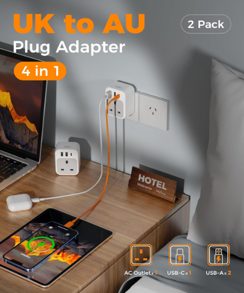 UK to Australia Plug Adapter 2 Pack with USB C and 2 USB A – Travel Adapter