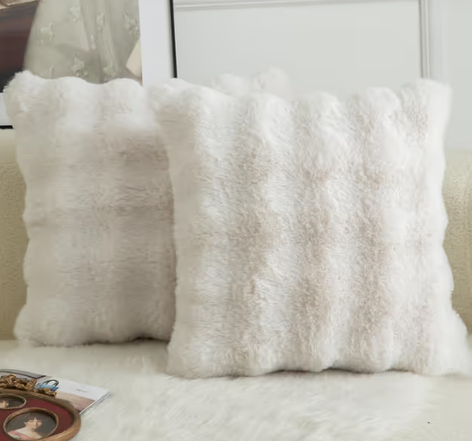 Thick Plush Wool Cushion Covers Pack of 2 Decorative Pillowcases for Sofa – 20x20in Cream White