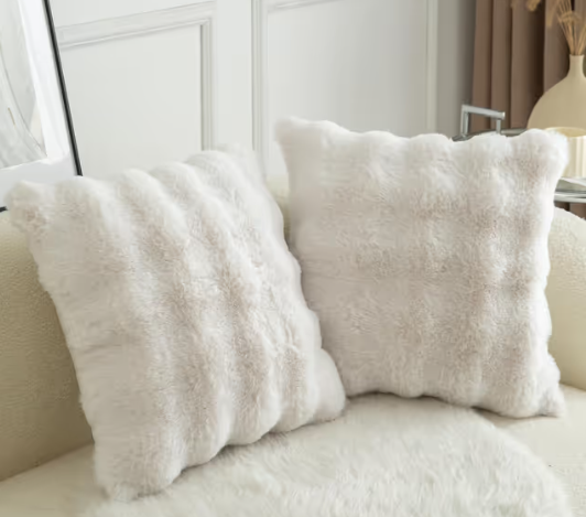 Thick Plush Wool Cushion Covers Pack of 2 Decorative Pillowcases for Sofa – 20x20in Cream White