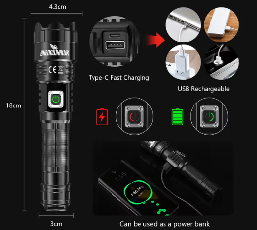 Shadowhawk LED Torch 500000 Lumens Rechargeable Tactical Flashlight – Waterproof