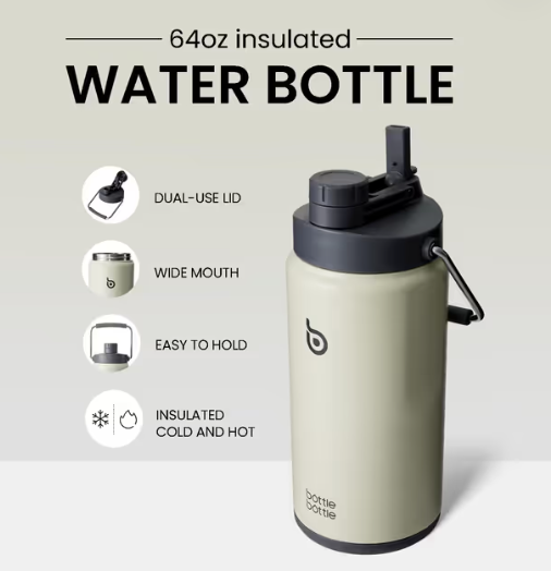Insulated Water Bottle with Straw and Dual-use Lid, 2L Vacuum Stainless Steel – Grey