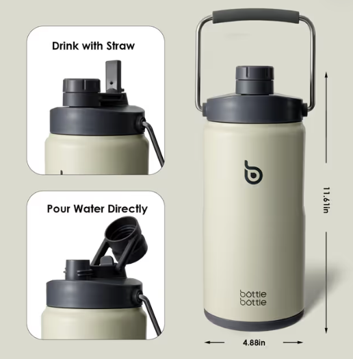 Insulated Water Bottle with Straw and Dual-use Lid, 2L Vacuum Stainless Steel – Grey