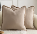 Mandioo Set of 2 Neutral Cotton Fringe Cushion Covers 50x50 cm 20x20 inch Decorative Boho Farmhouse Throw Pillowcase Cozy Tassels for Couch Sofa Bedroom Living Room Home Decor Taupe
