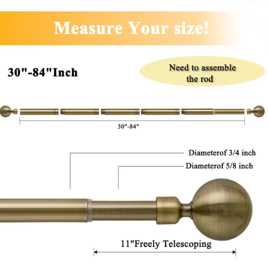 Extendable Antique Brass Curtain Poles with Finials – 76 to 140 cm