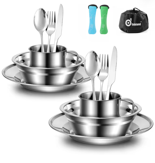 Camping Cutlery Set Stainless Steel 7-in-1 Mess Kit with Mesh Bag for Outdoor Dining – Silver