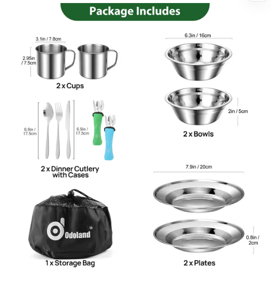 Camping Cutlery Set Stainless Steel 7-in-1 Mess Kit with Mesh Bag for Outdoor Dining – Silver