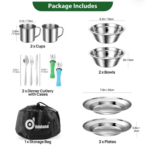Camping Cutlery Set Stainless Steel 7-in-1 Mess Kit with Mesh Bag for Outdoor Dining – Silver