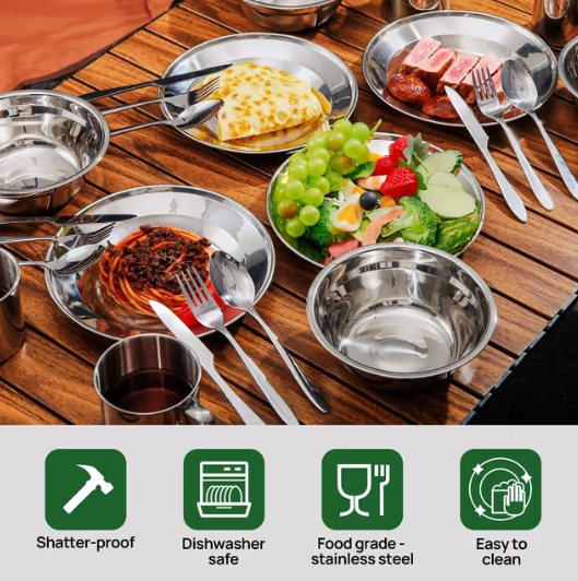 Camping Cutlery Set Stainless Steel 7-in-1 Mess Kit with Mesh Bag for Outdoor Dining – Silver
