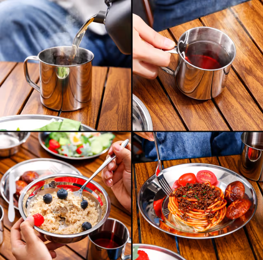 Camping Cutlery Set Stainless Steel 7-in-1 Mess Kit with Mesh Bag for Outdoor Dining – Silver