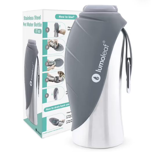 LumoLeaf Portable Dog Water Bottle 800ml Stainless Steel Dispenser for Travel – Grey