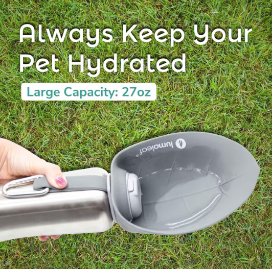 LumoLeaf Portable Dog Water Bottle 800ml Stainless Steel Dispenser for Travel – Grey