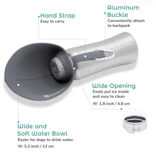 LumoLeaf Portable Dog Water Bottle 800ml Stainless Steel Dispenser for Travel – Grey