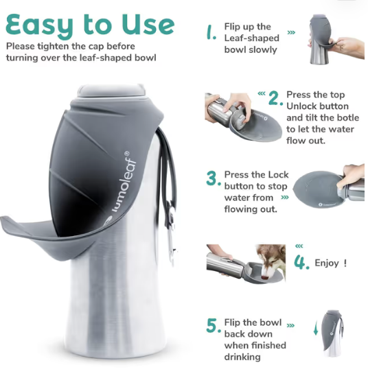 LumoLeaf Portable Dog Water Bottle 800ml Stainless Steel Dispenser for Travel – Grey