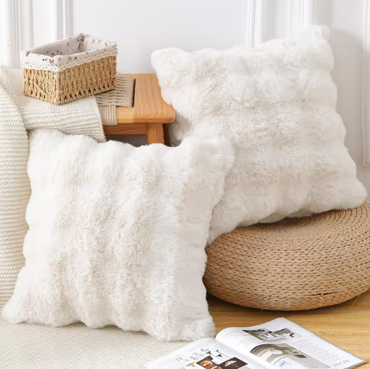 Madizz Plush Wool Cushion Covers 55x55 cm Soft Neutral Decorative Pillowcases – Cream