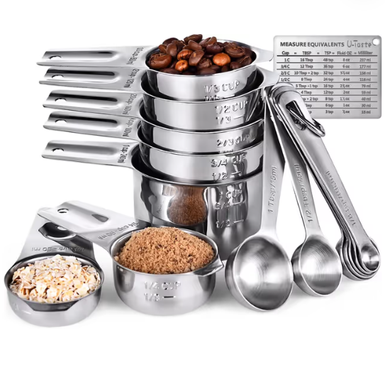 U-Shaped Measuring Cups and Spoons Set 15 Pieces Stainless Steel – Silver
