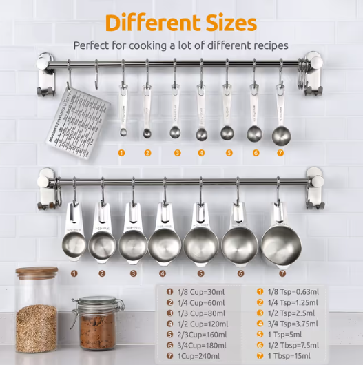 U-Shaped Measuring Cups and Spoons Set 15 Pieces Stainless Steel – Silver