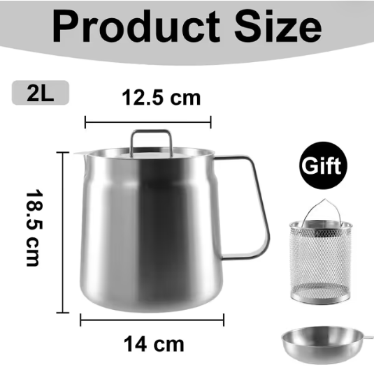 Oil Strainer Pot 2L Stainless Steel Filter Pot with Lid – Fine Mesh Strainer