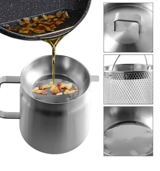 Oil Strainer Pot 2L Stainless Steel Filter Pot with Lid – Fine Mesh Strainer