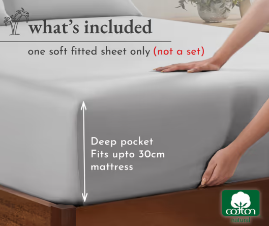 California Design Den Deep Fitted Sheet King Size Only - Soft 100% Cotton Sateen, Deep Pocket with No-Pop Off Elastic (King, Light Grey)