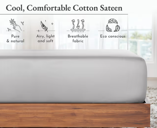 California Design Den Deep Fitted Sheet King Size Only - Soft 100% Cotton Sateen, Deep Pocket with No-Pop Off Elastic (King, Light Grey)
