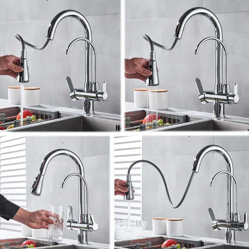 3-Way Kitchen Taps Pure Water Filter Pull Down Mixer – Brass Chrome