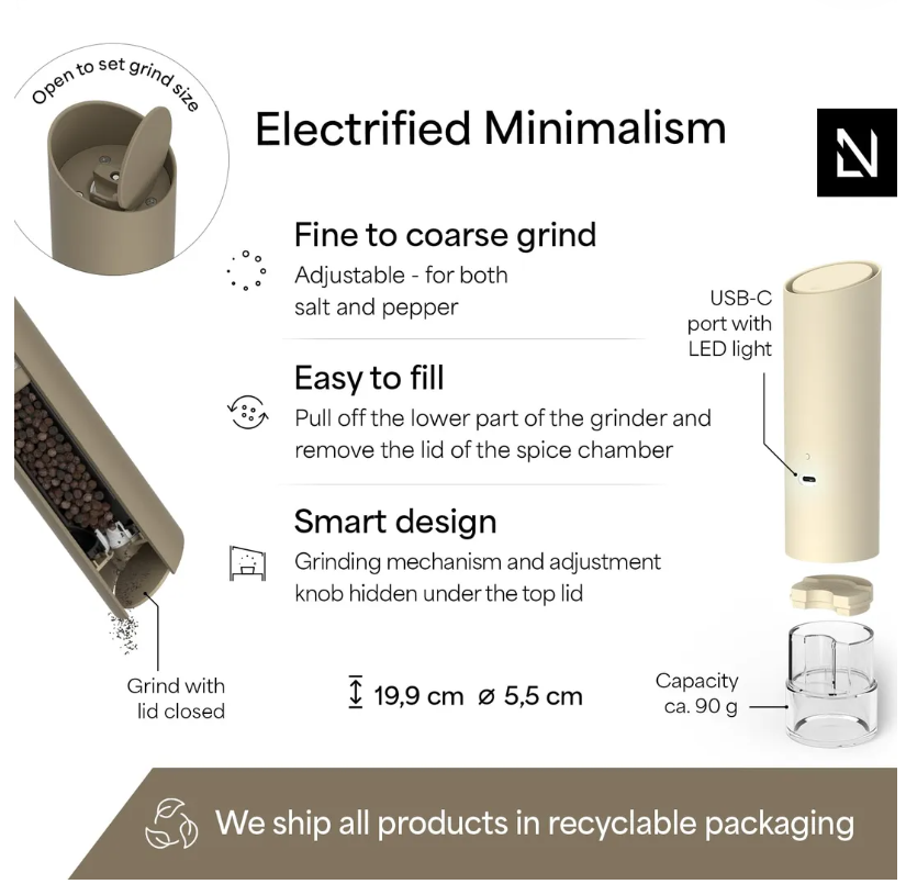 LARS NYSØM Electric Salt & Pepper Grinder Set USB-C Rechargeable – Brown/Beige