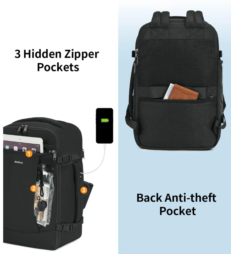 ECOHUB Anti-theft Cabin Bag 30L with Laptop Compartment – Black 45x36x20