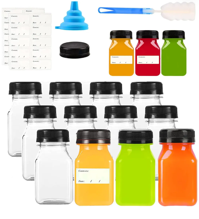 12pcs 120ml Mini Juice Bottles with Caps, Reusable Empty Clear Bottles with Lids, Label, Funnel and Brush