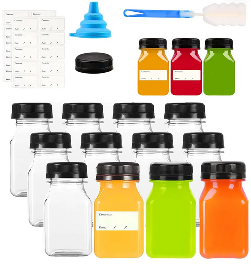 12pcs 120ml Mini Juice Bottles with Caps, Reusable Empty Clear Bottles with Lids, Label, Funnel and Brush