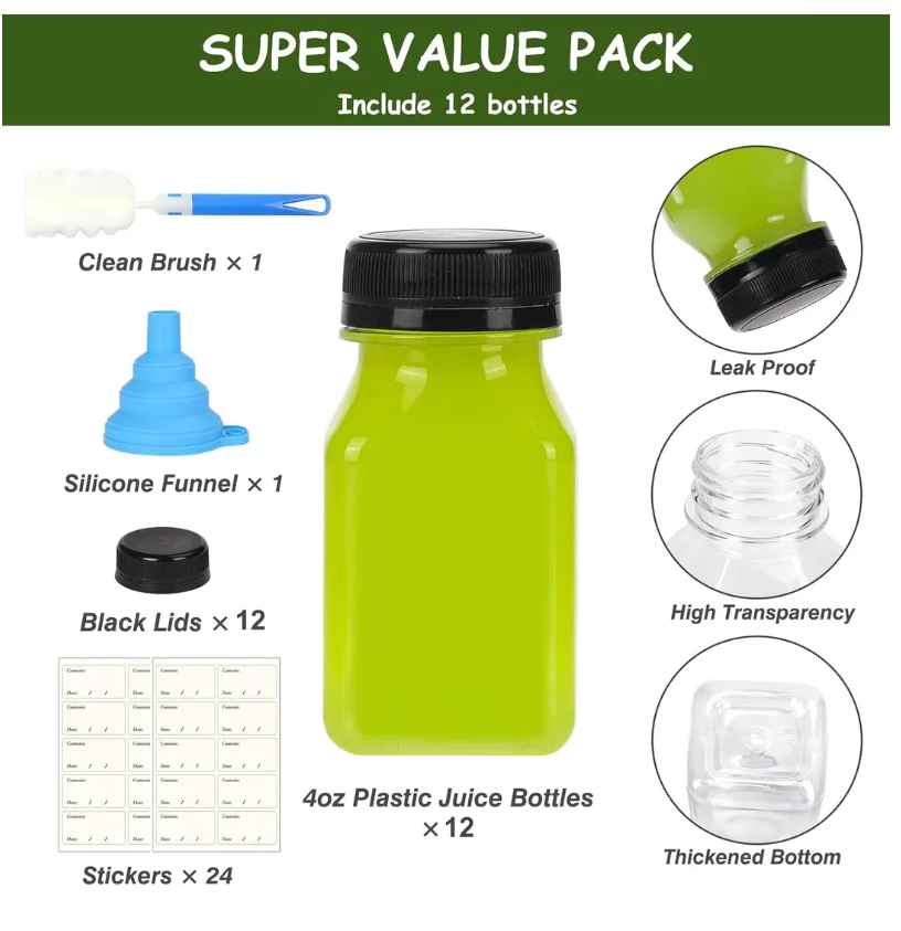 12pcs 120ml Mini Juice Bottles with Caps, Reusable Empty Clear Bottles with Lids, Label, Funnel and Brush