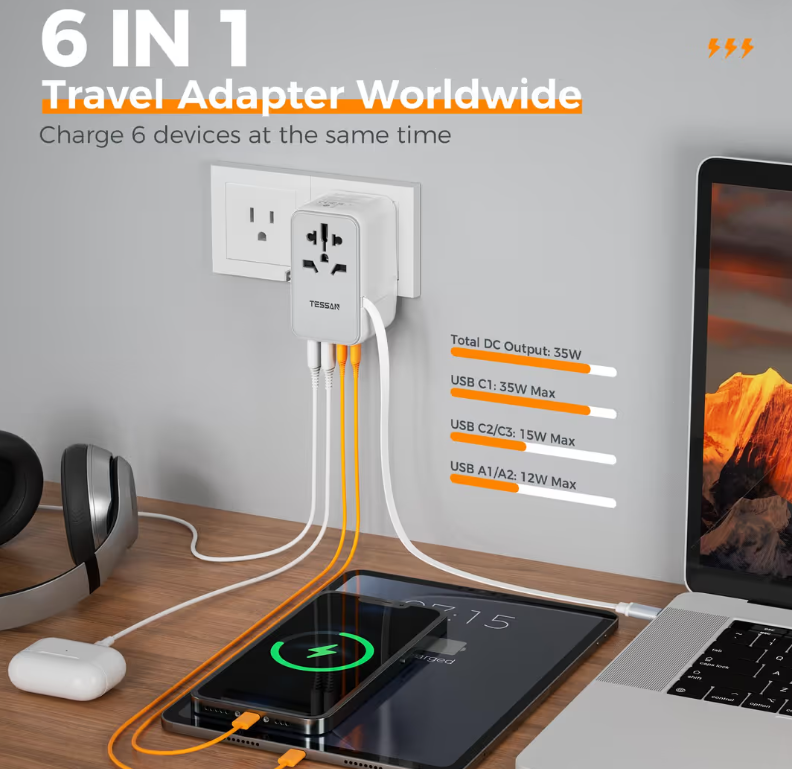 Universal Travel Adapter with 4 USB Ports – Grey White