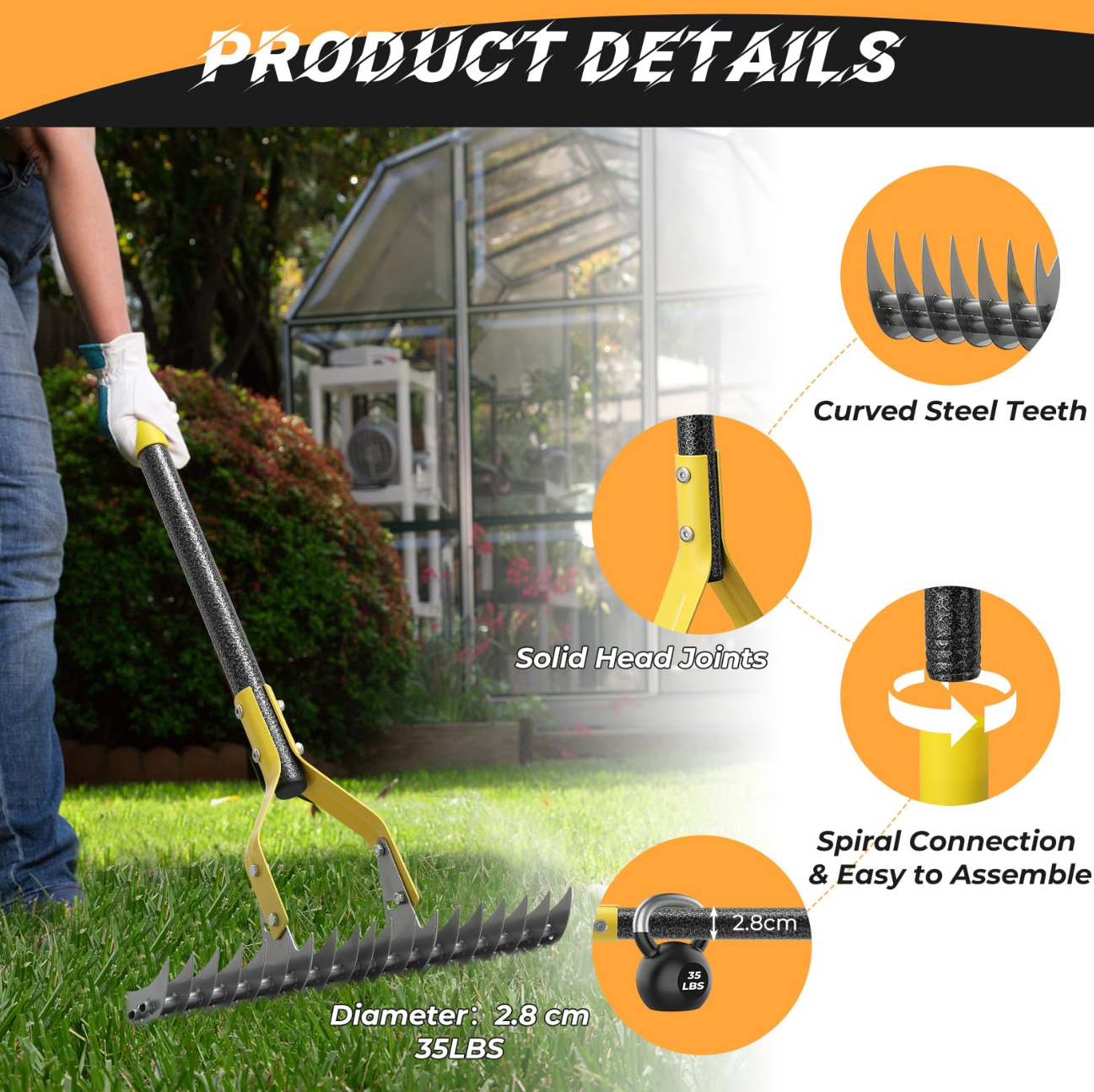 Heavy Duty Thatch Rake Adjustable 177 cm for Lawn Care – Black