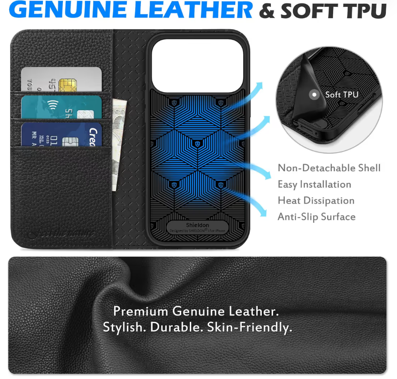 SHIELDON iPhone 17 Pro Max Case Leather RFID Blocker – Black