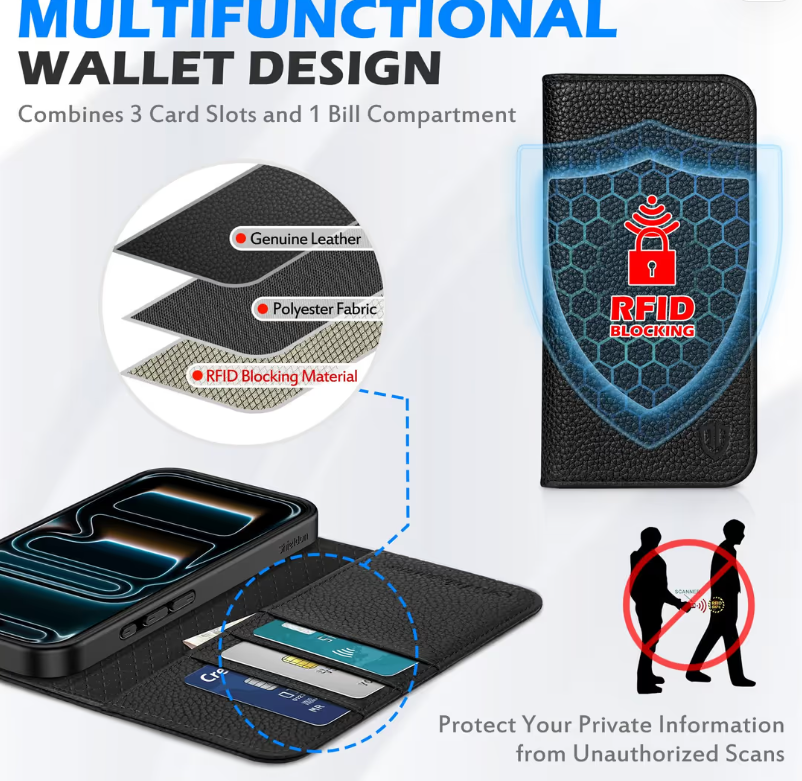 SHIELDON iPhone 17 Pro Max Case Leather RFID Blocker – Black