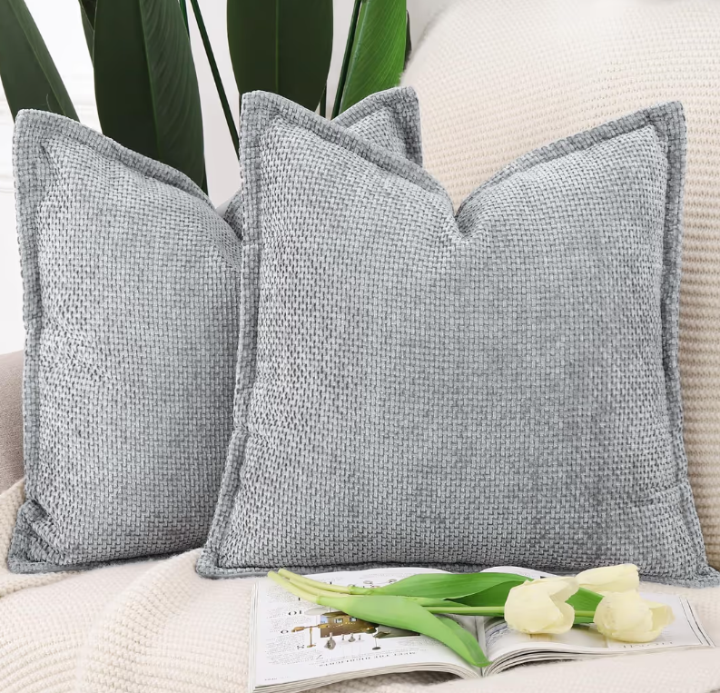 Madizz Set of 2 Chenille Velvet Cushion Covers Soft Boho Textured Pillowcases – Grey 24x24in