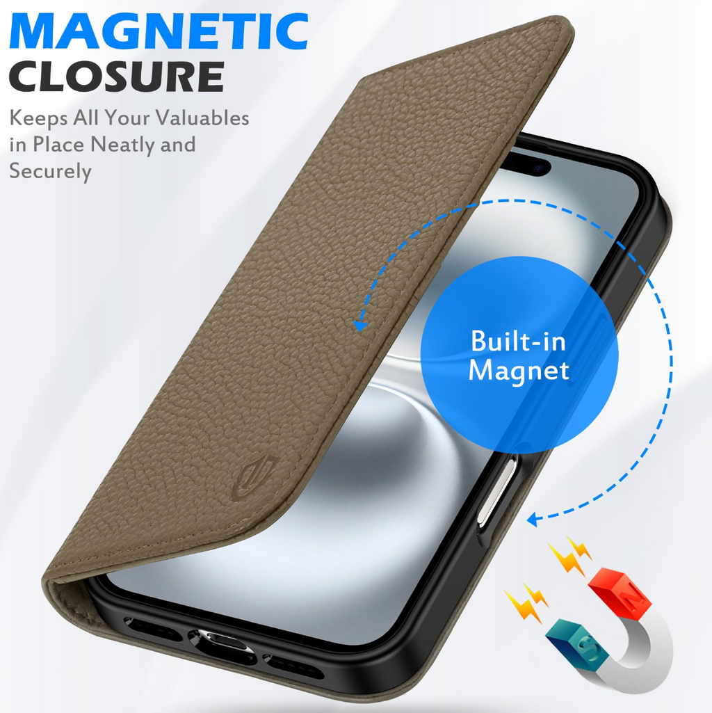 SHIELDON iPhone 16 Leather Wallet Folio Case RFID Blocking Kickstand – Pebbled Khaki