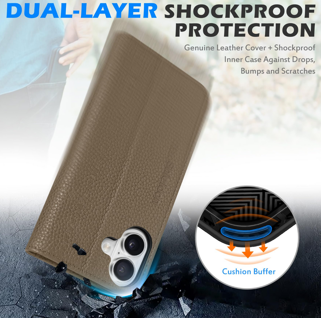 SHIELDON iPhone 16 Leather Wallet Folio Case RFID Blocking Kickstand – Pebbled Khaki
