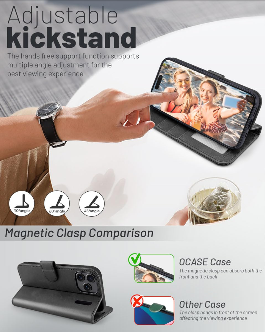 iPhone 17 Pro Case PU Leather Wallet RFID Blocking Magnetic Flip Folio – Black Graphite