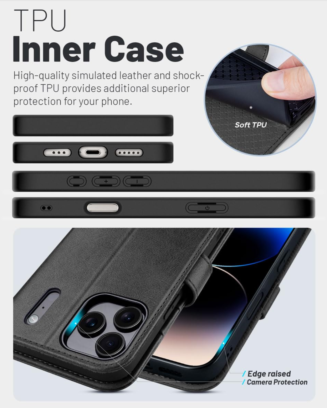 iPhone 17 Pro Case PU Leather Wallet RFID Blocking Magnetic Flip Folio – Black Graphite