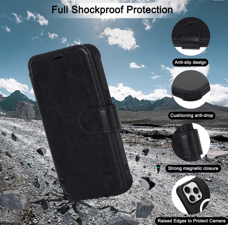 iPhone 15 Pro Max Wallet Case Leather Flip Folio with RFID Blocking – Black