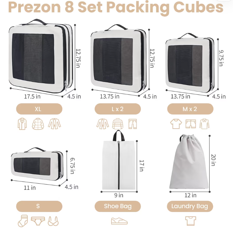 Compression Packing Cubes Set of 8 Luggage Organiser Bags – Travel Essentials
