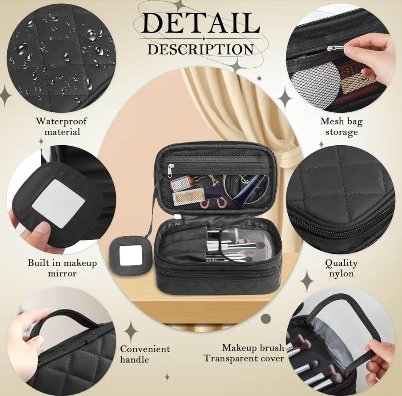 Cosmetic Bag Makeup Organizer Double Layer Travel Toiletry Bag with Mirror – Black