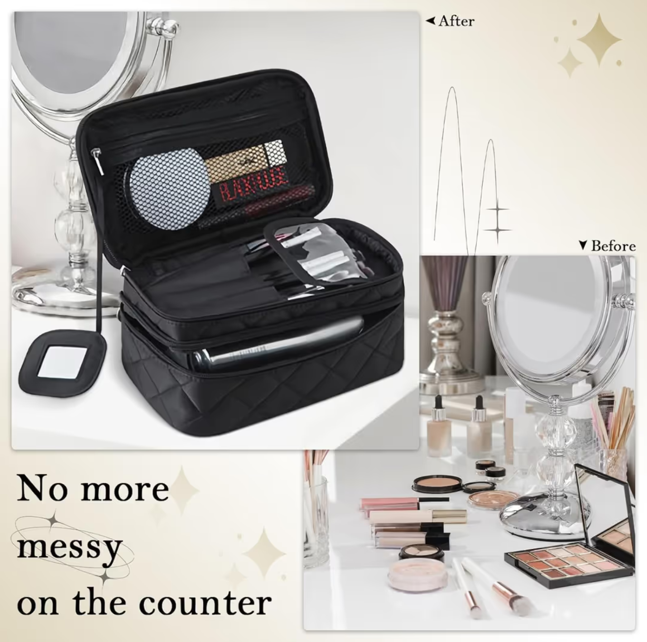 Cosmetic Bag Makeup Organizer Double Layer Travel Toiletry Bag with Mirror – Black