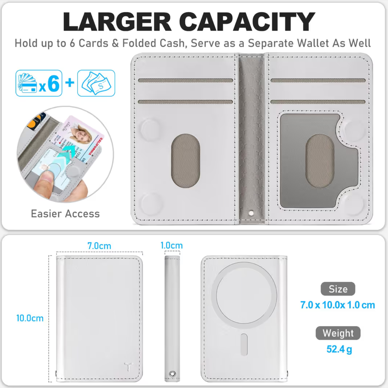 TUCCH Magsafe Wallet RFID Blocker 6 Card Slots Magnetic PU Leather – White