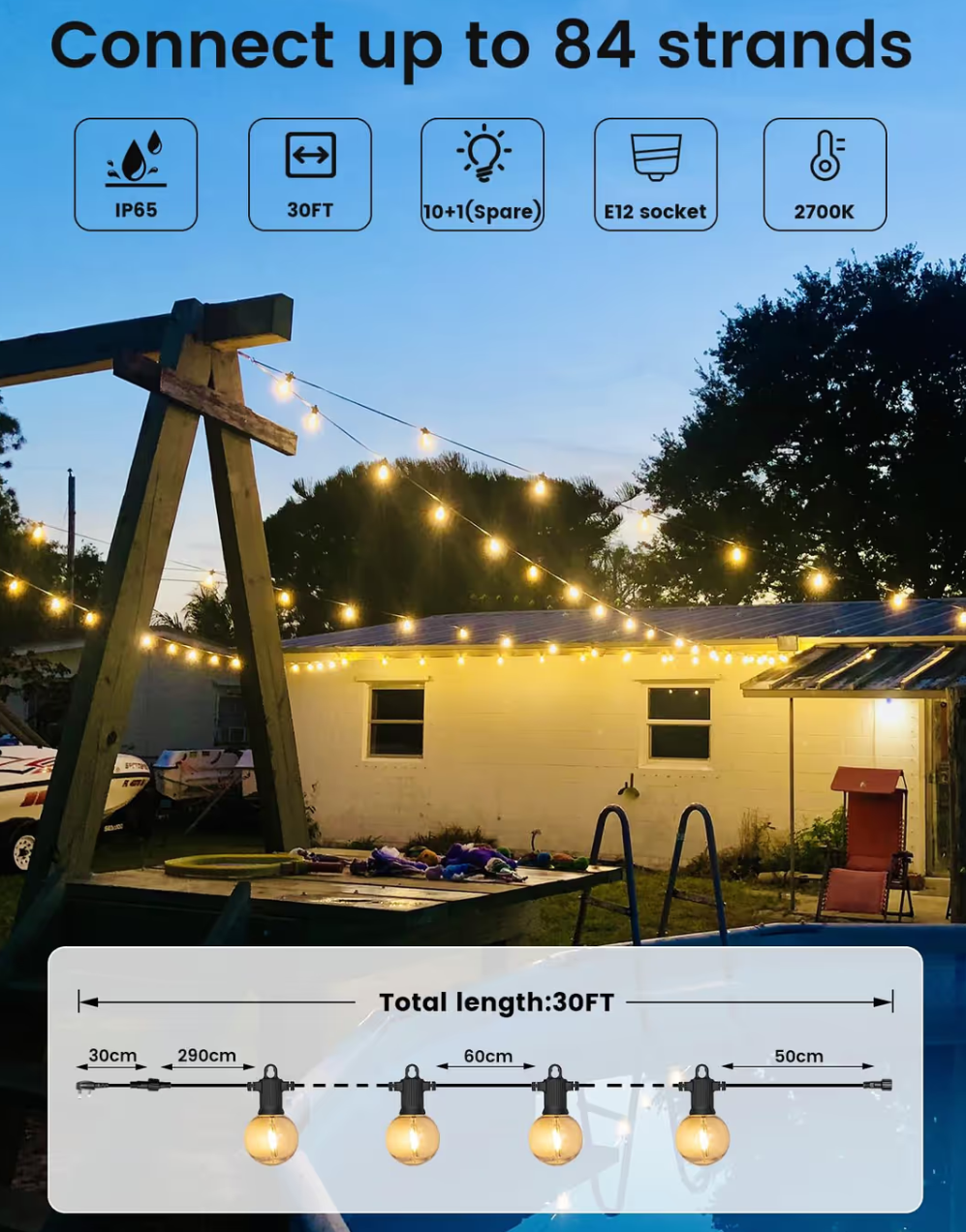 ZOTOYI IP65 Garden String Lights 30FT with 10+1 G40 LED Bulbs – Outdoor